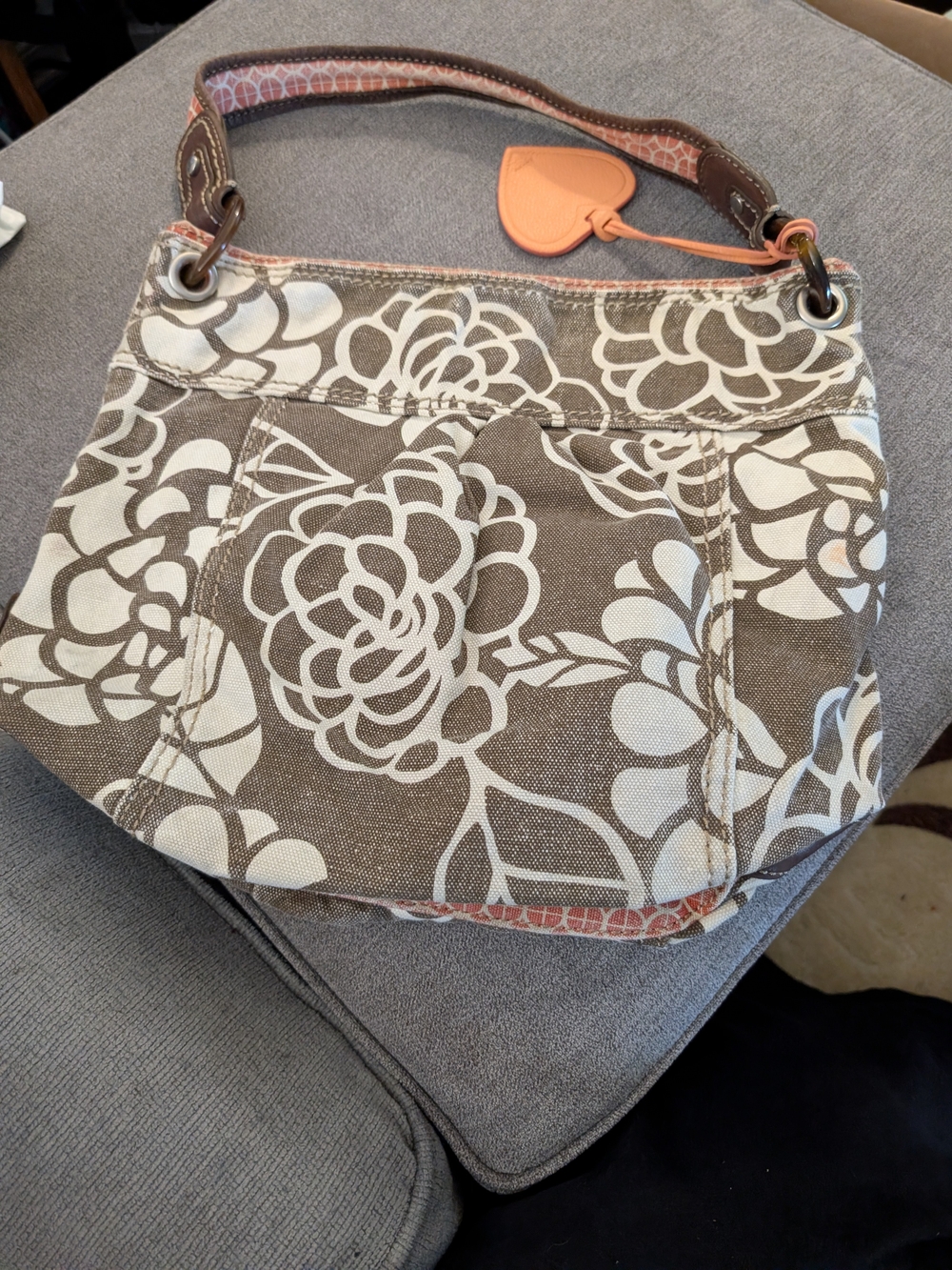 Fossil Taupe Canvas Floral Shoulder Bag with Coral Heart Tag